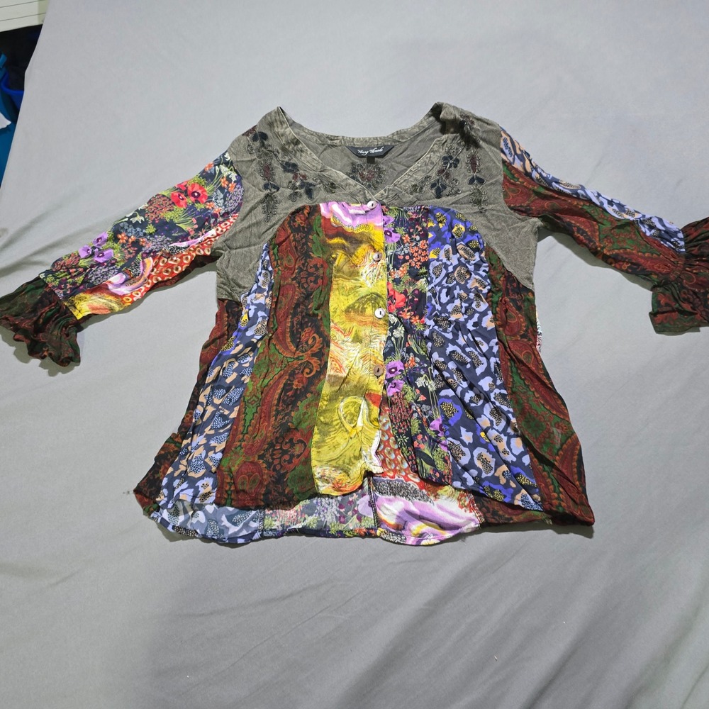 Young Threads Patchwork Top Womens Medium Multicolor Boho Paisley Embroidered